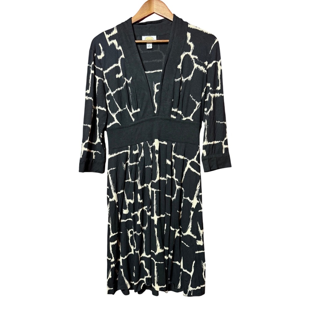 VTG Talbots Petites Women 8 Black Abstract Geometric V-Neck‎ Empire Waist Dress